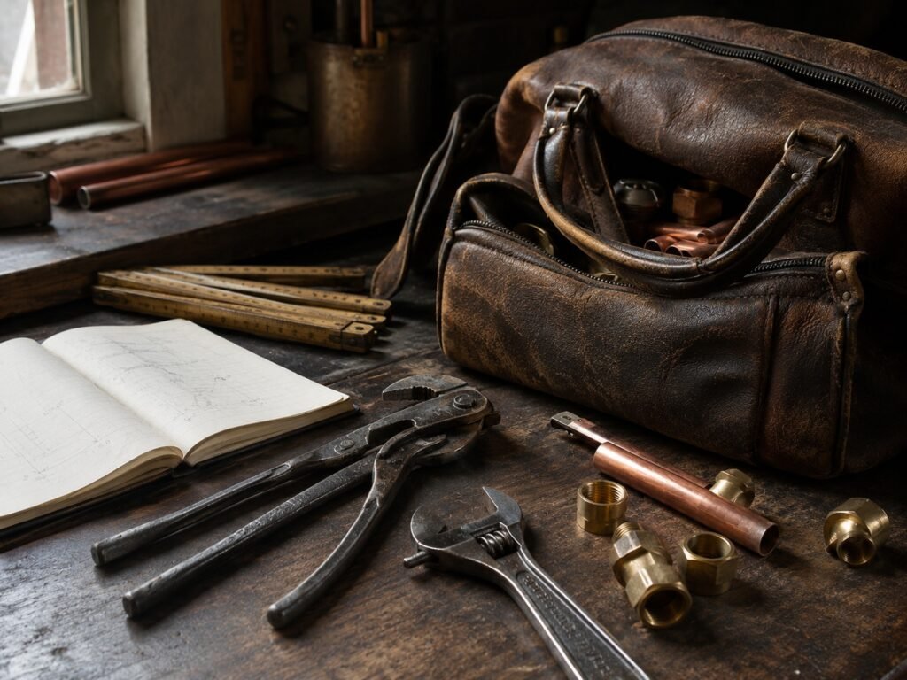 Worn leather tool bag, plumbing tools, copper pipe and brass fittings on an experienced tradesperson’s workbench