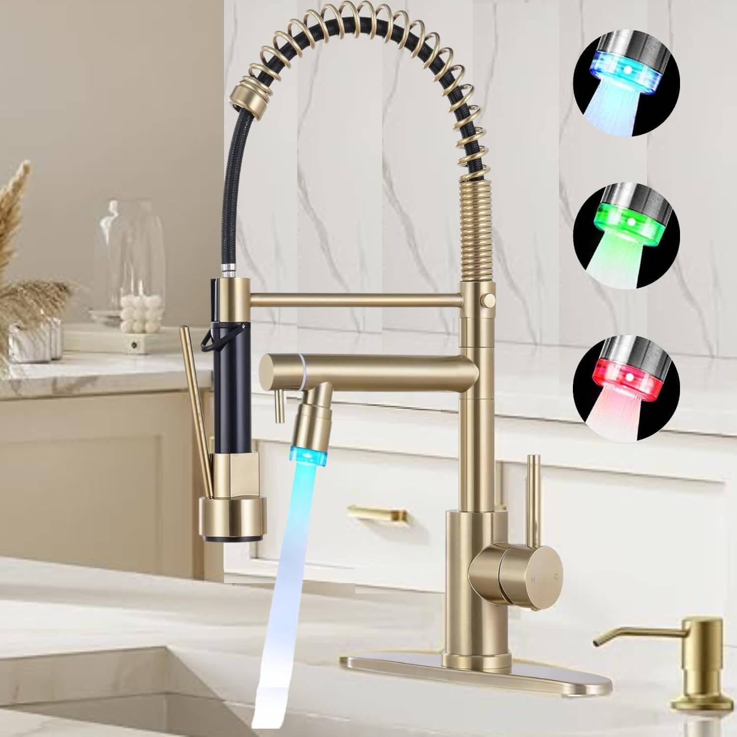 Smart Kitchen Faucet, 3 Modes Pull Down Sprayer, LED Temperature Control, Ceramic Valve,360-Degree Rotation,1 or 3 Hole Deck Plate, Double Spout. 10-Year Warranty. (KW-21CG, Gold)