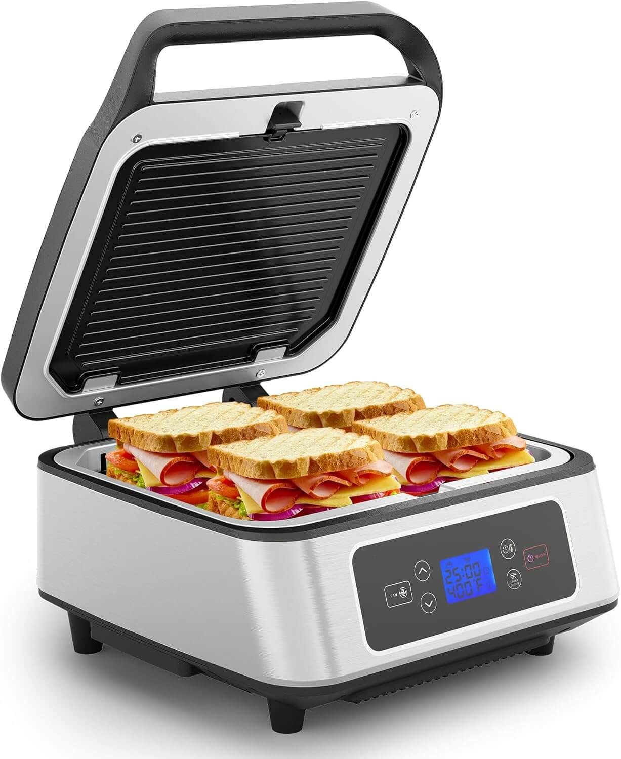 Sunvivi 1300W Smokeless Indoor Grill, Electric Panini Press Sandwich Maker with Auto-Lift, Fan, Independent Upper Heating, Smart Time & Temperature Control, Removable Non-Stick