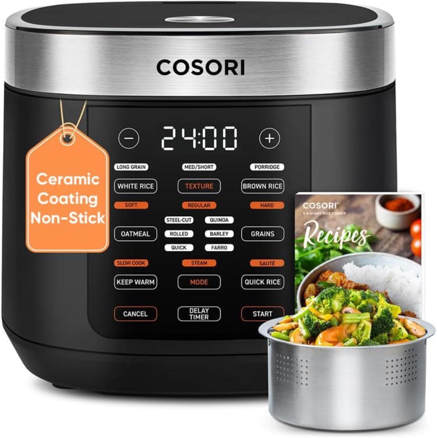 COSORI Rice Cooker 10 Cup, 24h Keep Warm, Non-stick Ceramic Inner Pot, 18 Functions Fuzzy Logic Rice Maker with Stainless Steel Steamer Basket, Sauté, Slow Cooker