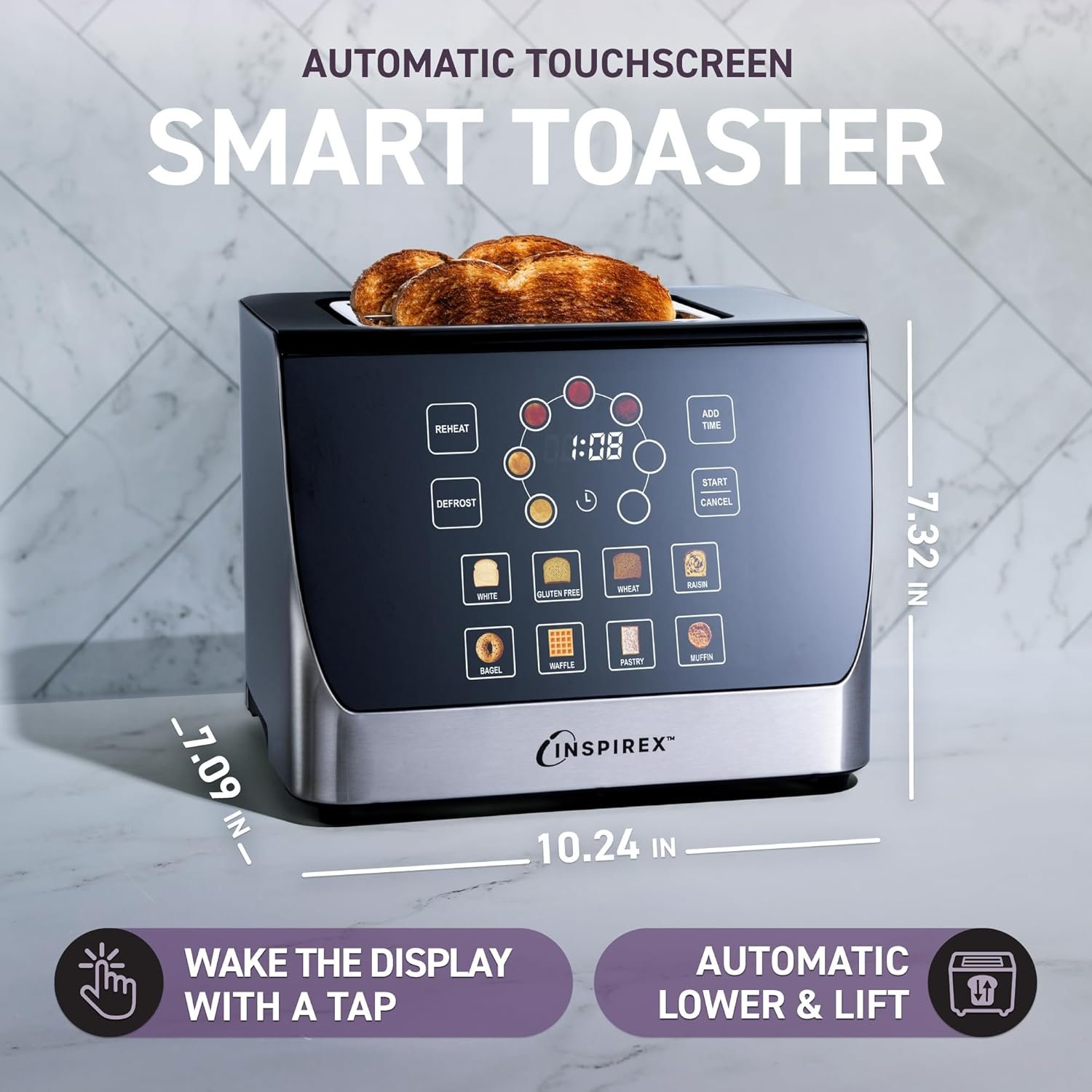 Inspirex Touch Screen Display Smart Toaster, 2 Slice with 8 Bread Type and 7 Browning Modes, Automatic Lowering and Raising, Digital Countdown, Modern Style, Stainless Steel