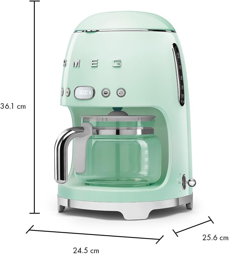 Smeg 50's Retro Style Aesthetic Drip Coffee Machine with 10 Cup Glass Carafe, Auto Start Feature, Keep Warm Plate, and Two Coffee Strength Settings (Pastel Green)