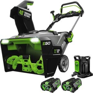 EGO Power+ SNT2112 21-inch cordless snow blower with two 56V batteries and dual-port charger