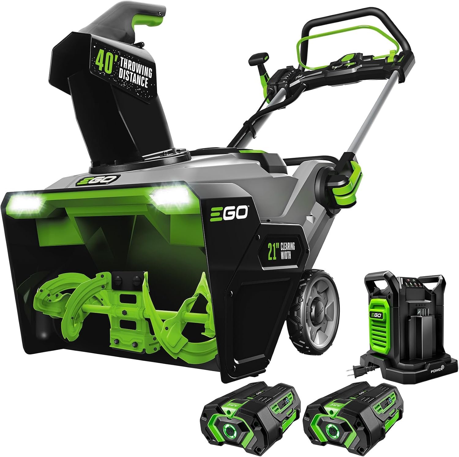 EGO Power+ SNT2112 21-inch cordless snow blower with two 56V batteries and dual-port charger