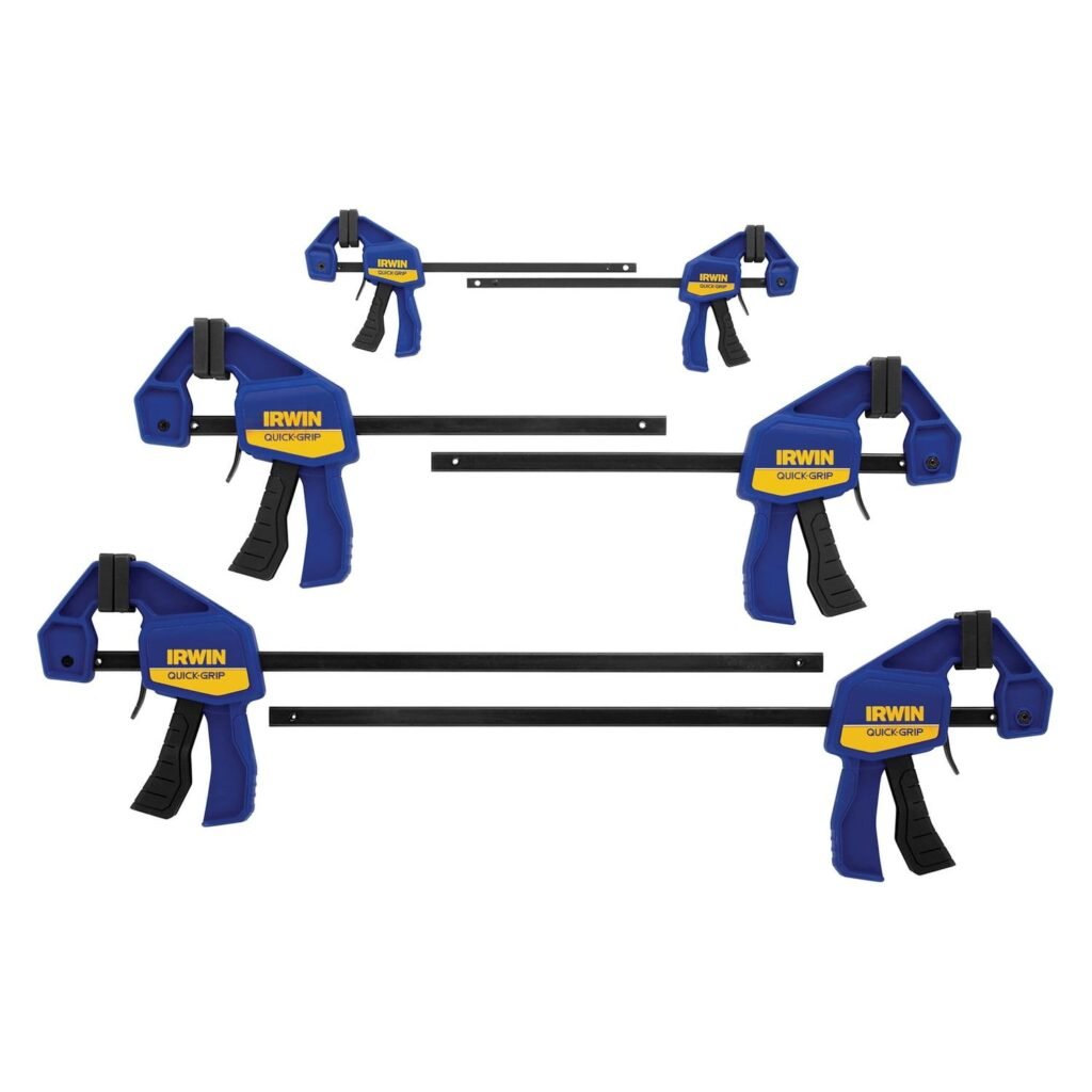 IRWIN QUICK-GRIP 6-inch mini bar clamps in blue and yellow, 8-pack