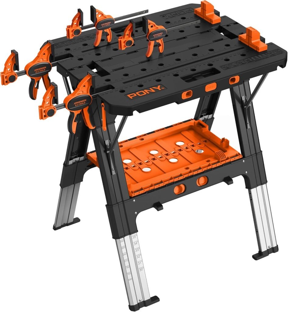 PONY 2-in-1 folding workbench and sawhorse with clamps