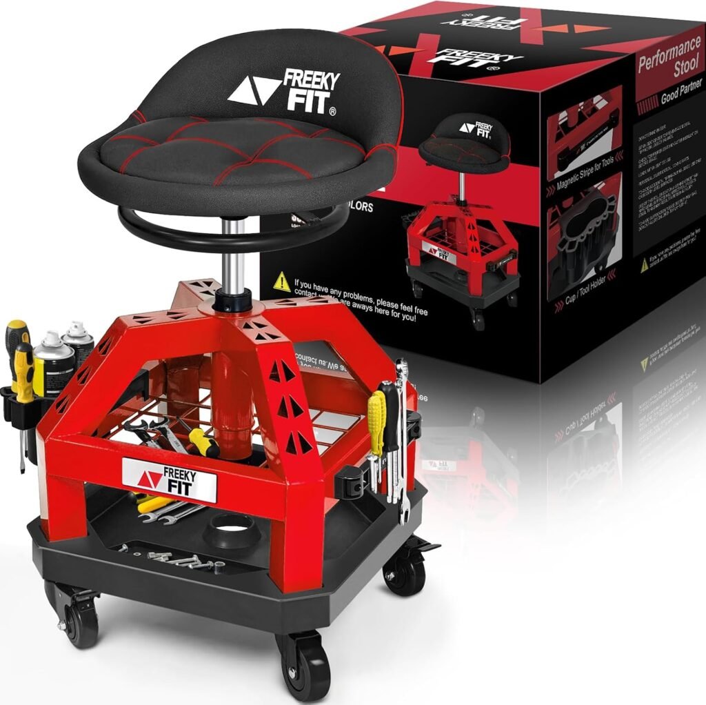 FreekyFit DOO2 red rolling workshop stool with padded seat, backrest and tool storage