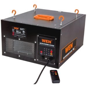 WEN 3410 workshop air filtration system with black metal housing, orange mounting hooks and remote control